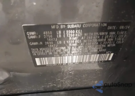 2025 Subaru Outback Onyx Edition z USA, uszkodzony, nr VIN 4S4BTALC2S3132766